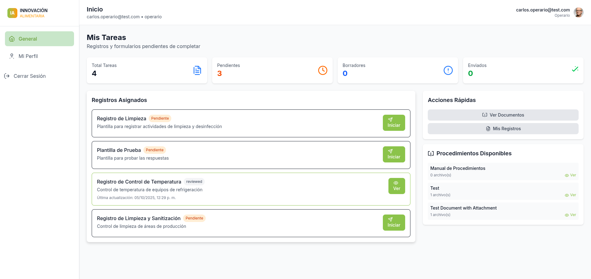 Dashboard del Operario
